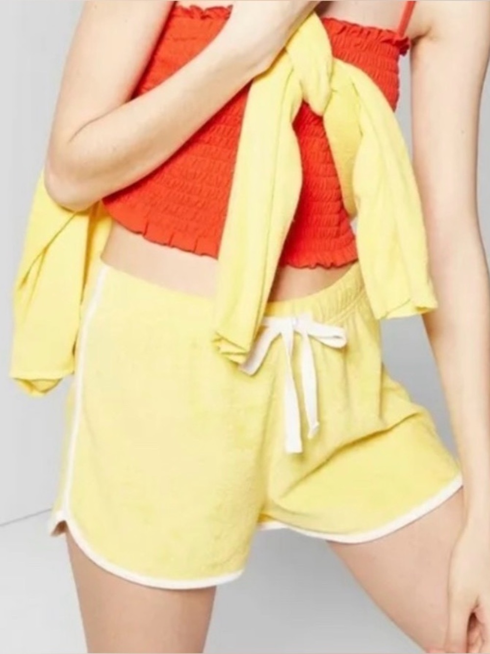 🏄‍♀️☀️ Surfer Girl Summer ☀️ 🏄🏼‍♀️ Yellow Terry Cloth Drawstring Women’s Shorts